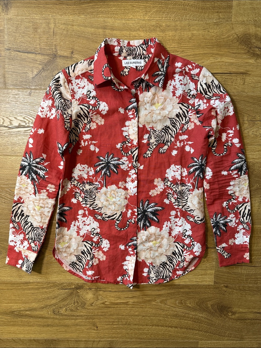 Las Surenas Red Floral & Tiger Button-Down Shirt Size XS